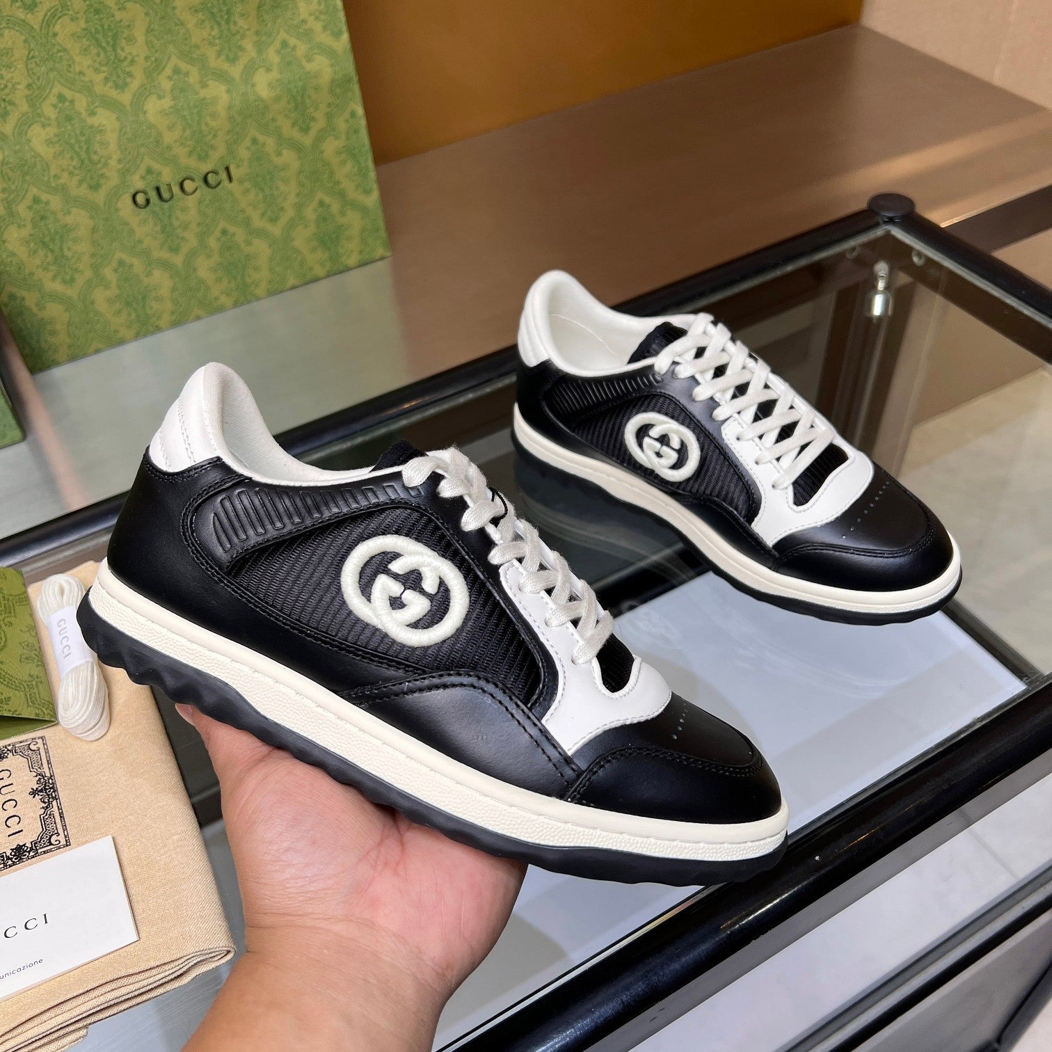 Gucci GG Interlocking Sneakers - Black & White Leather Low-Top