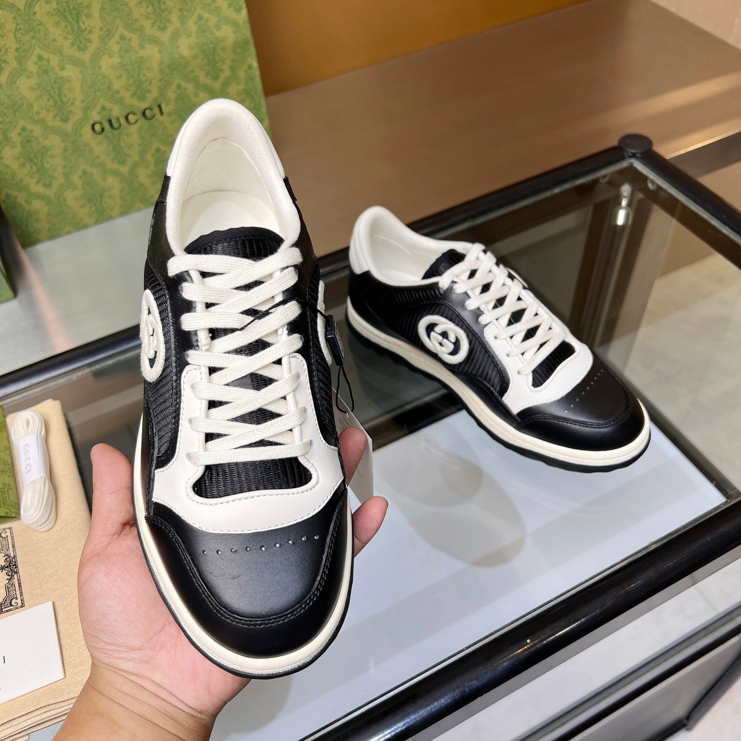 Gucci GG Interlocking Sneakers - Black & White Leather Low-Top