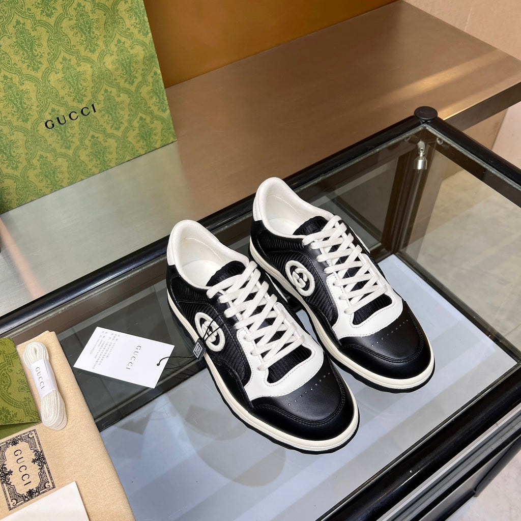 Gucci GG Interlocking Sneakers - Black & White Leather Low-Top