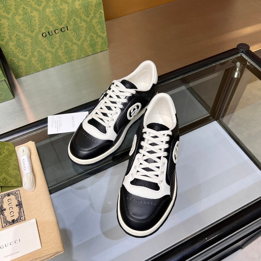 Gucci GG Interlocking Sneakers - Black & White Leather Low-Top