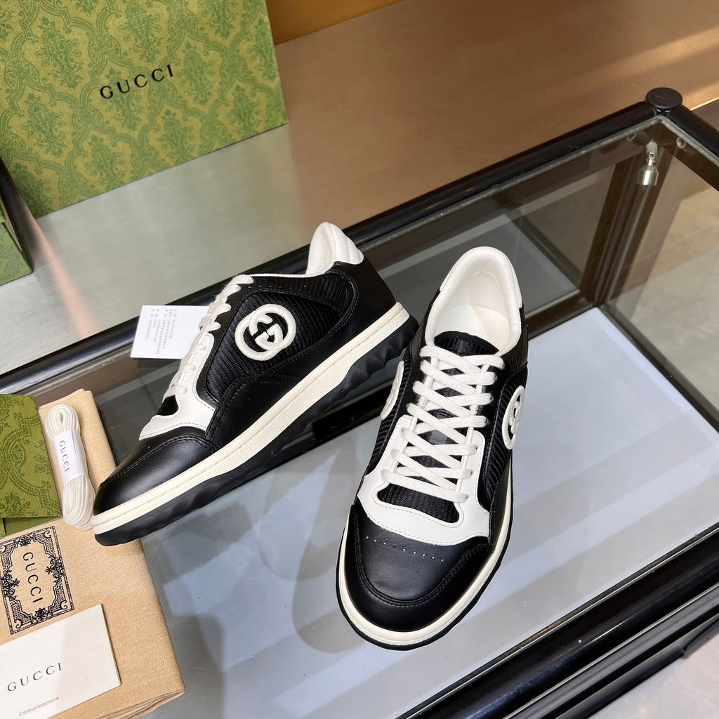 Gucci GG Interlocking Sneakers - Black & White Leather Low-Top
