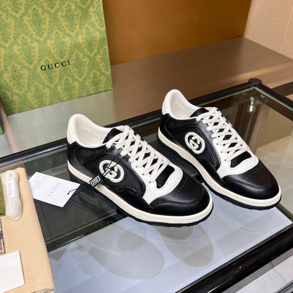 Gucci GG Interlocking Sneakers - Black & White Leather Low-Top