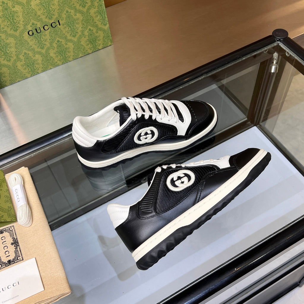 Gucci GG Interlocking Sneakers - Black & White Leather Low-Top