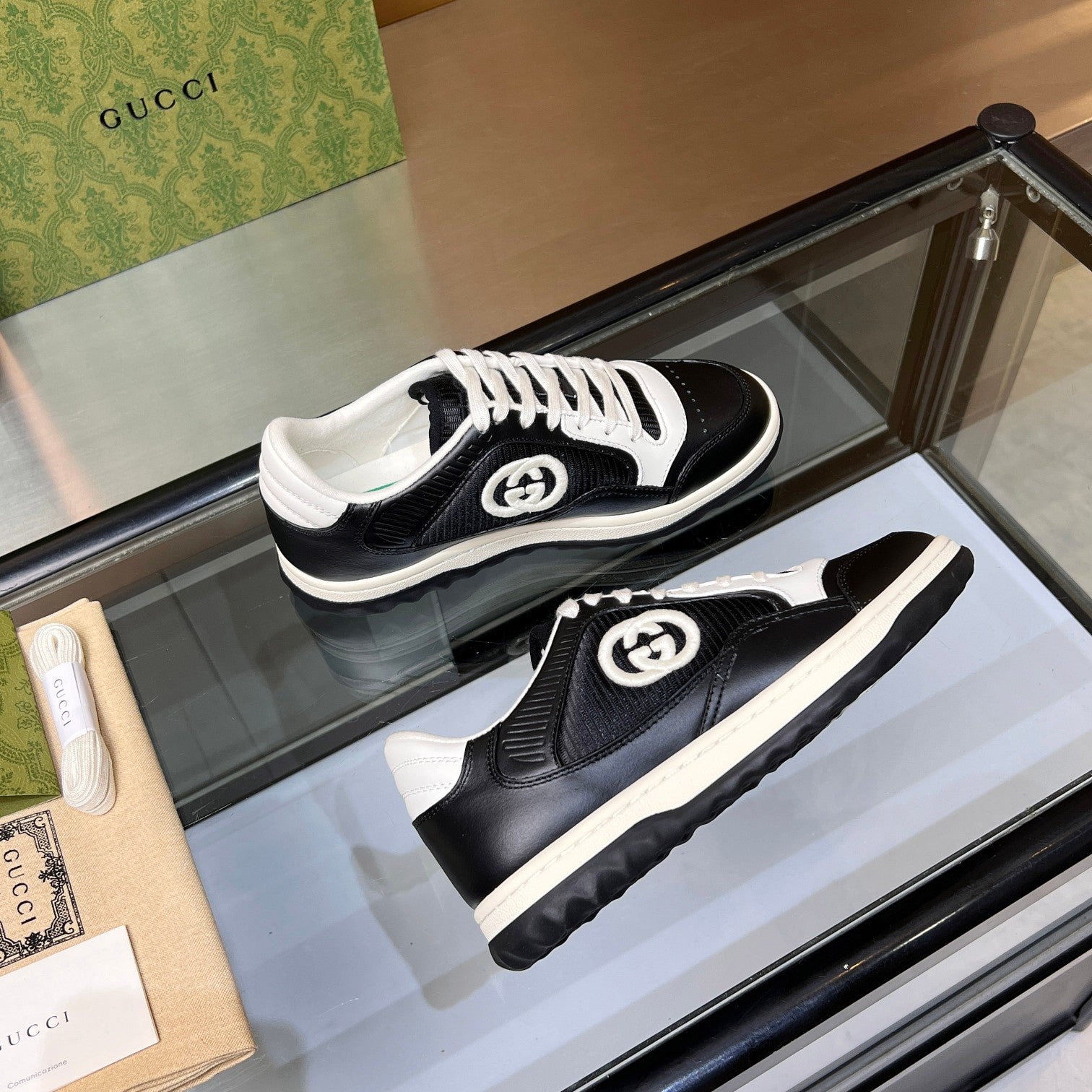 Gucci GG Interlocking Sneakers - Black & White Leather Low-Top
