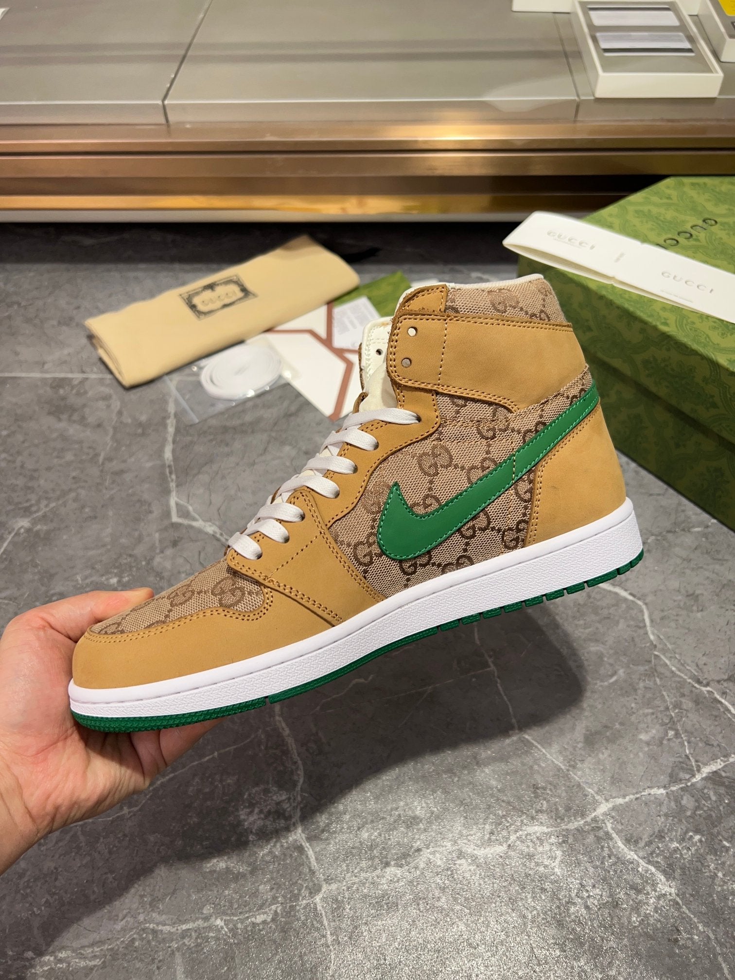 Gucci x Nike Air High-Top - Tan GG Canvas Green Swoosh Sneakers