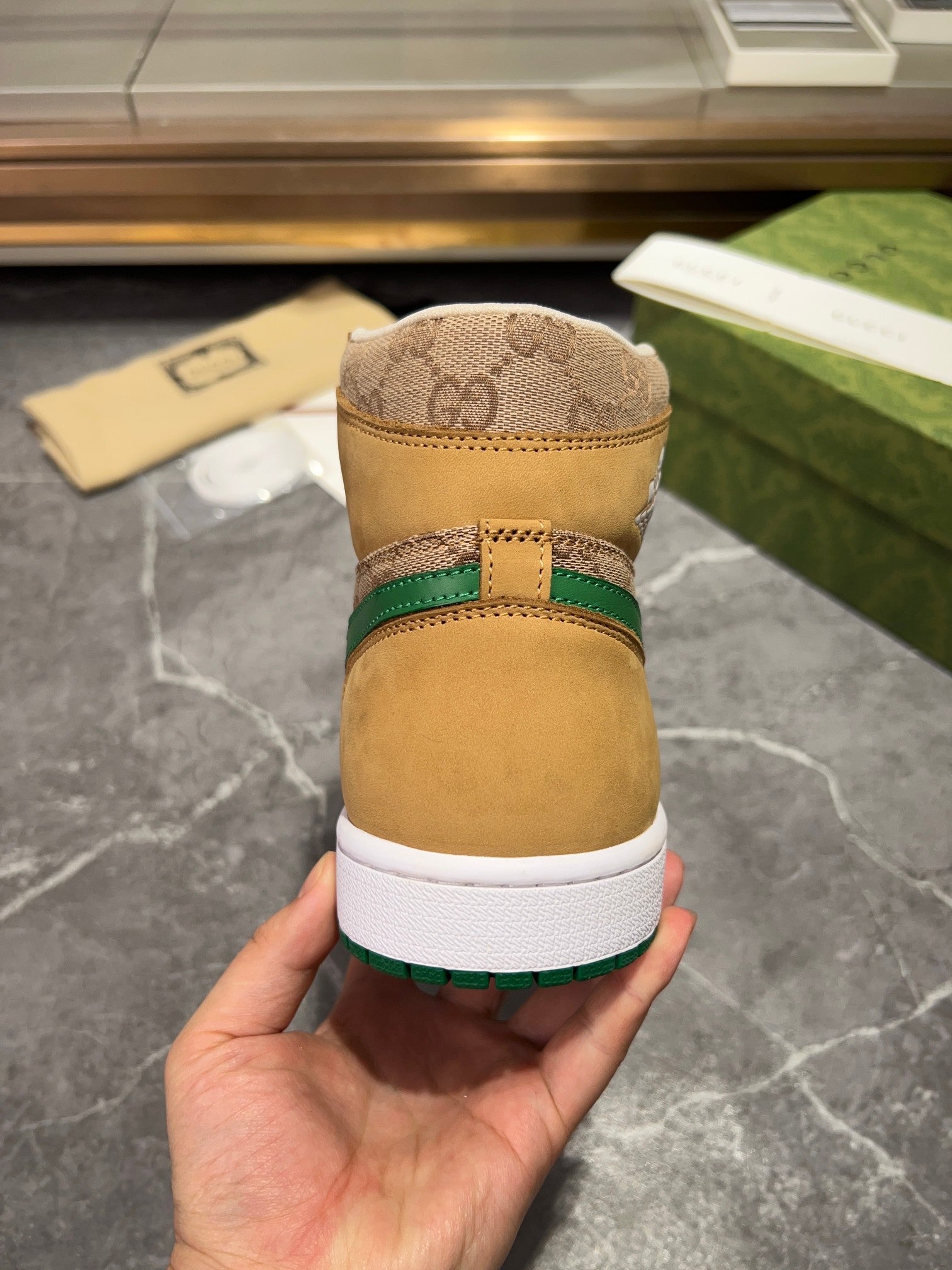 Gucci x Nike Air High-Top - Tan GG Canvas Green Swoosh Sneakers