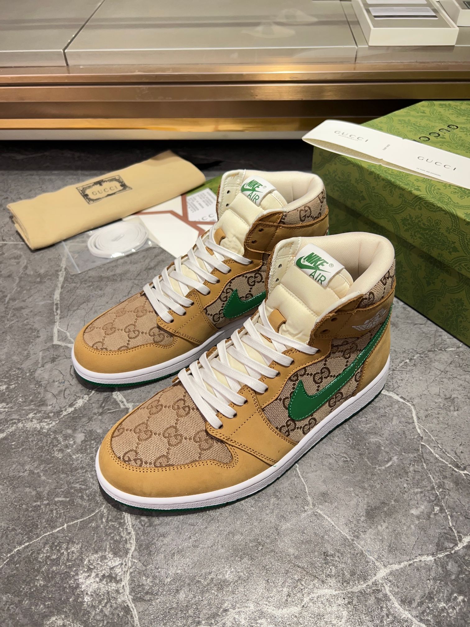 Gucci x Nike Air High-Top - Tan GG Canvas Green Swoosh Sneakers