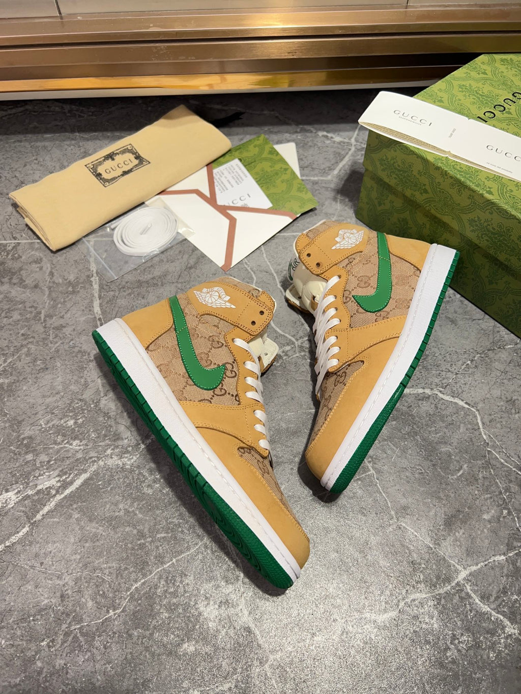Gucci x Nike Air High-Top - Tan GG Canvas Green Swoosh Sneakers