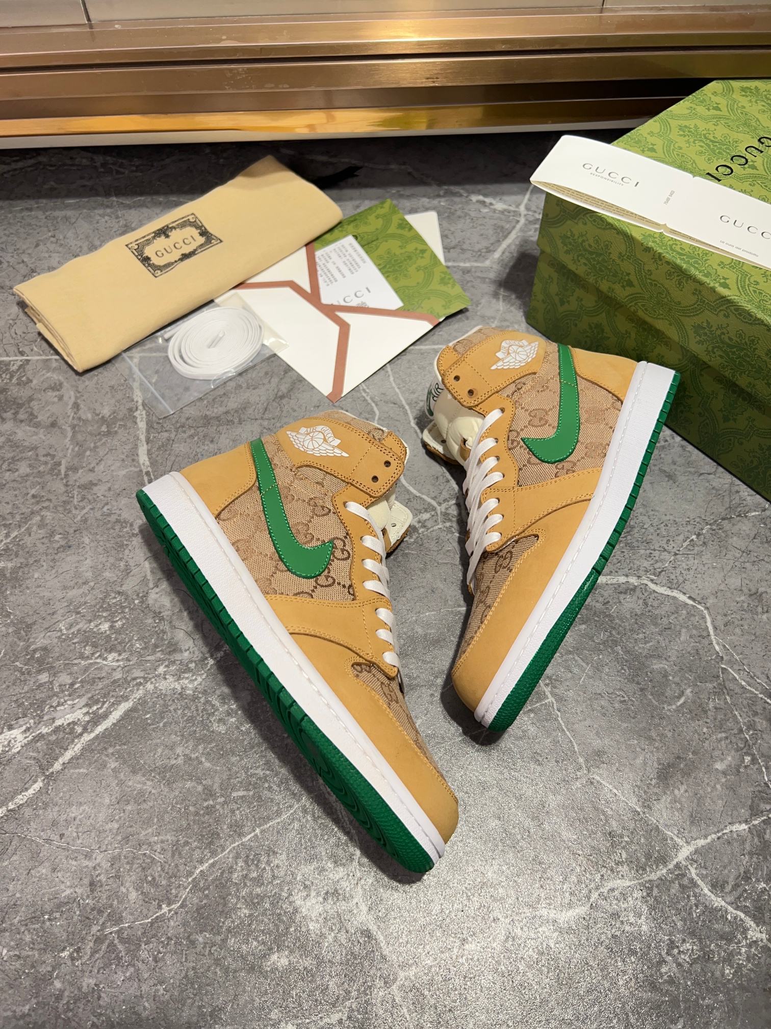 Gucci x Nike Air High-Top - Tan GG Canvas Green Swoosh Sneakers