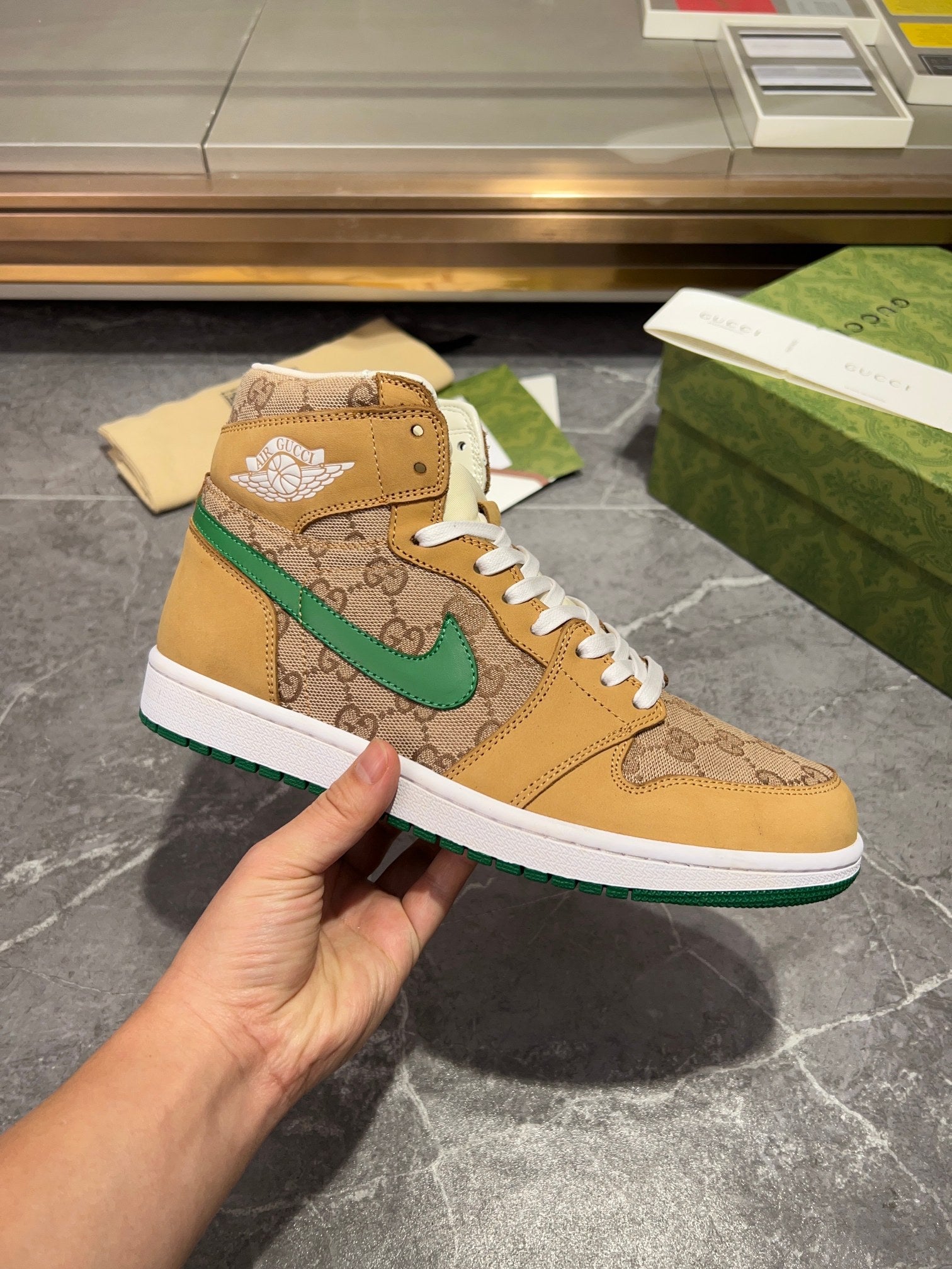 Gucci x Nike Air High-Top - Tan GG Canvas Green Swoosh Sneakers