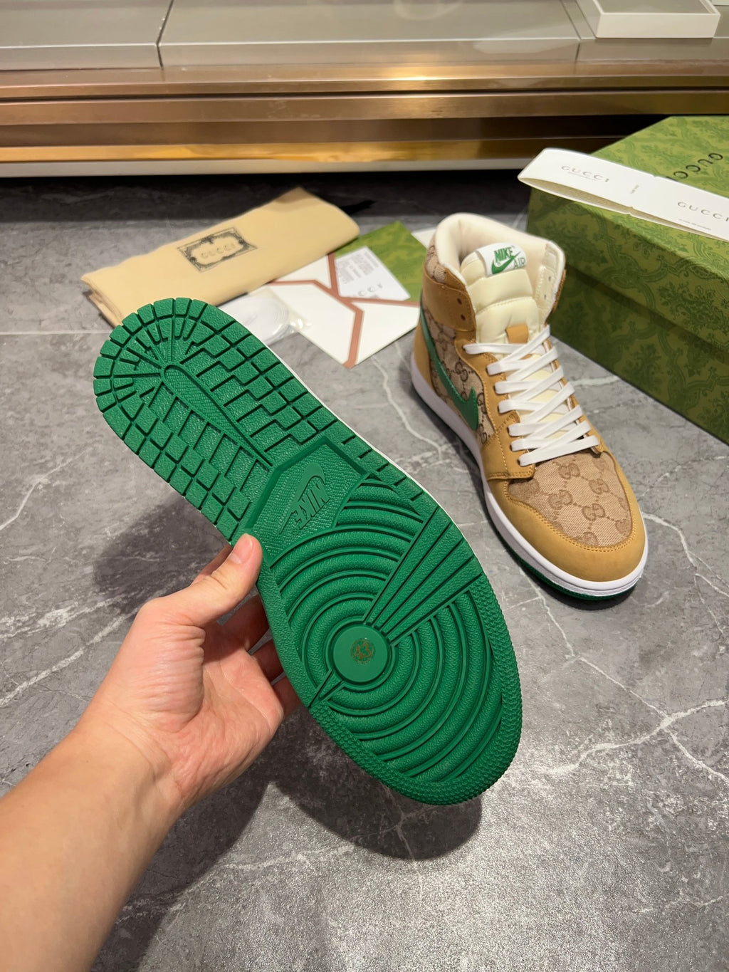 Gucci x Nike Air High-Top - Tan GG Canvas Green Swoosh Sneakers