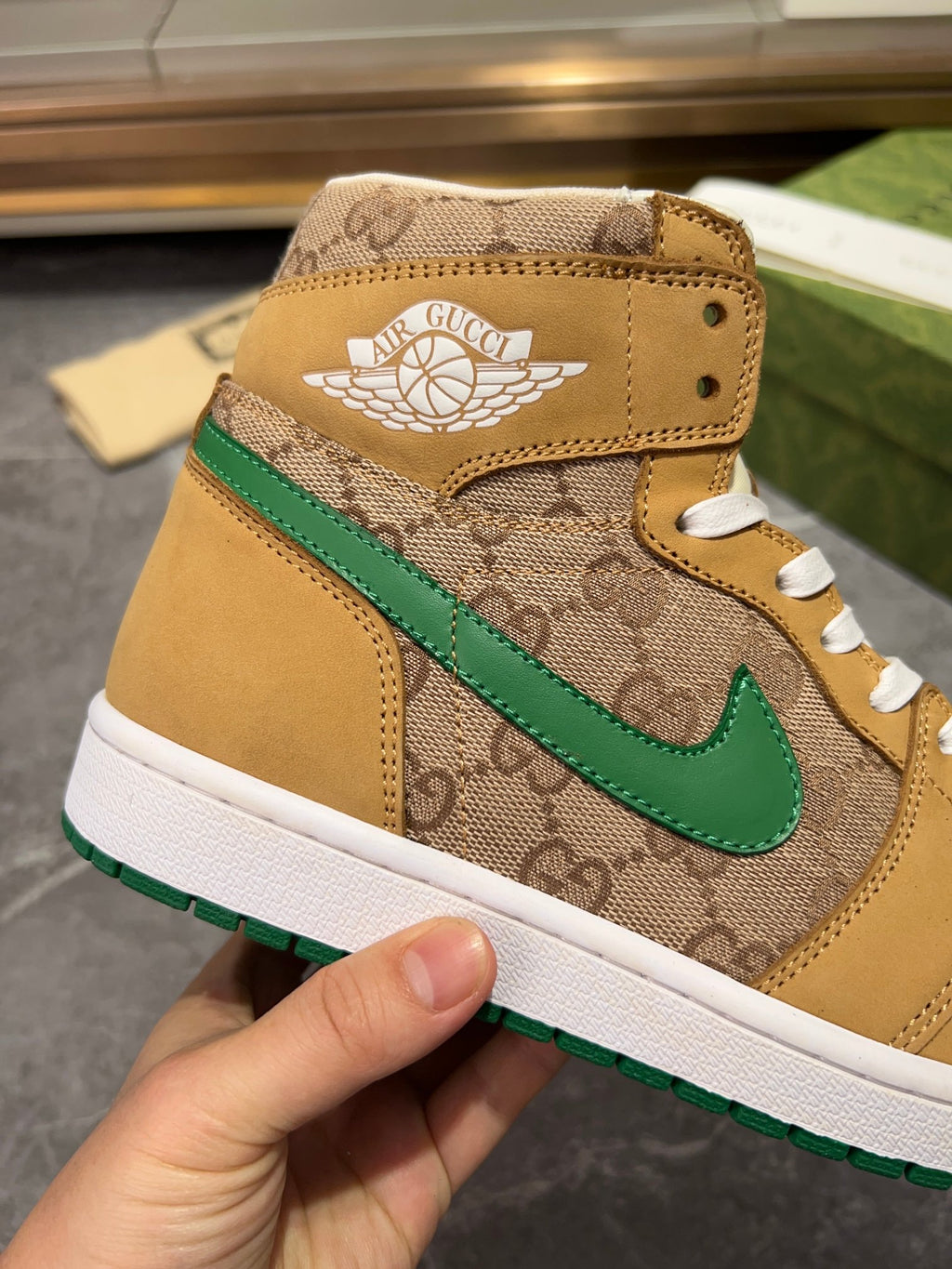 Gucci x Nike Air High-Top - Tan GG Canvas Green Swoosh Sneakers