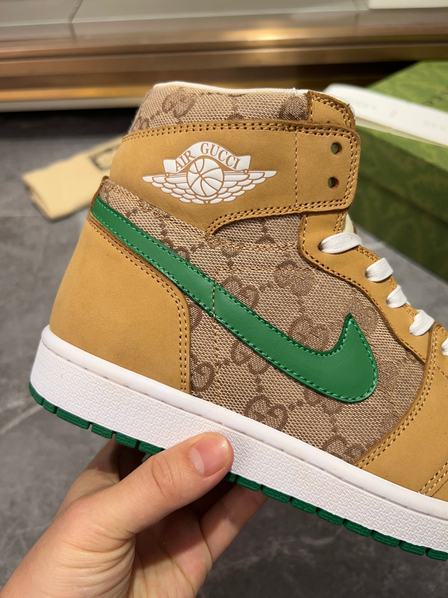 Gucci x Nike Air High-Top - Tan GG Canvas Green Swoosh Sneakers