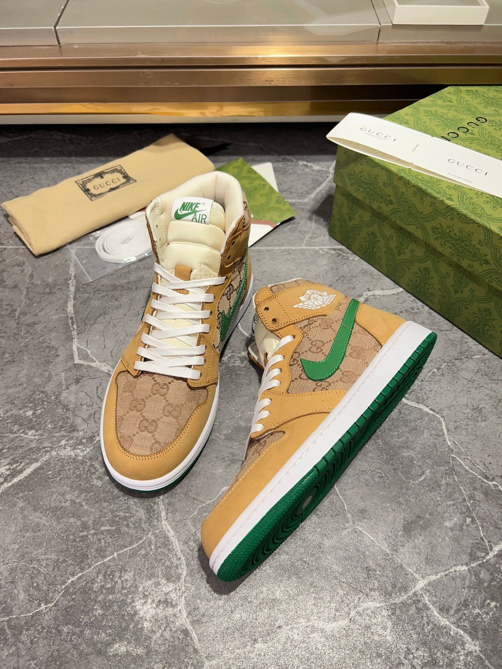 Gucci x Nike Air High-Top - Tan GG Canvas Green Swoosh Sneakers