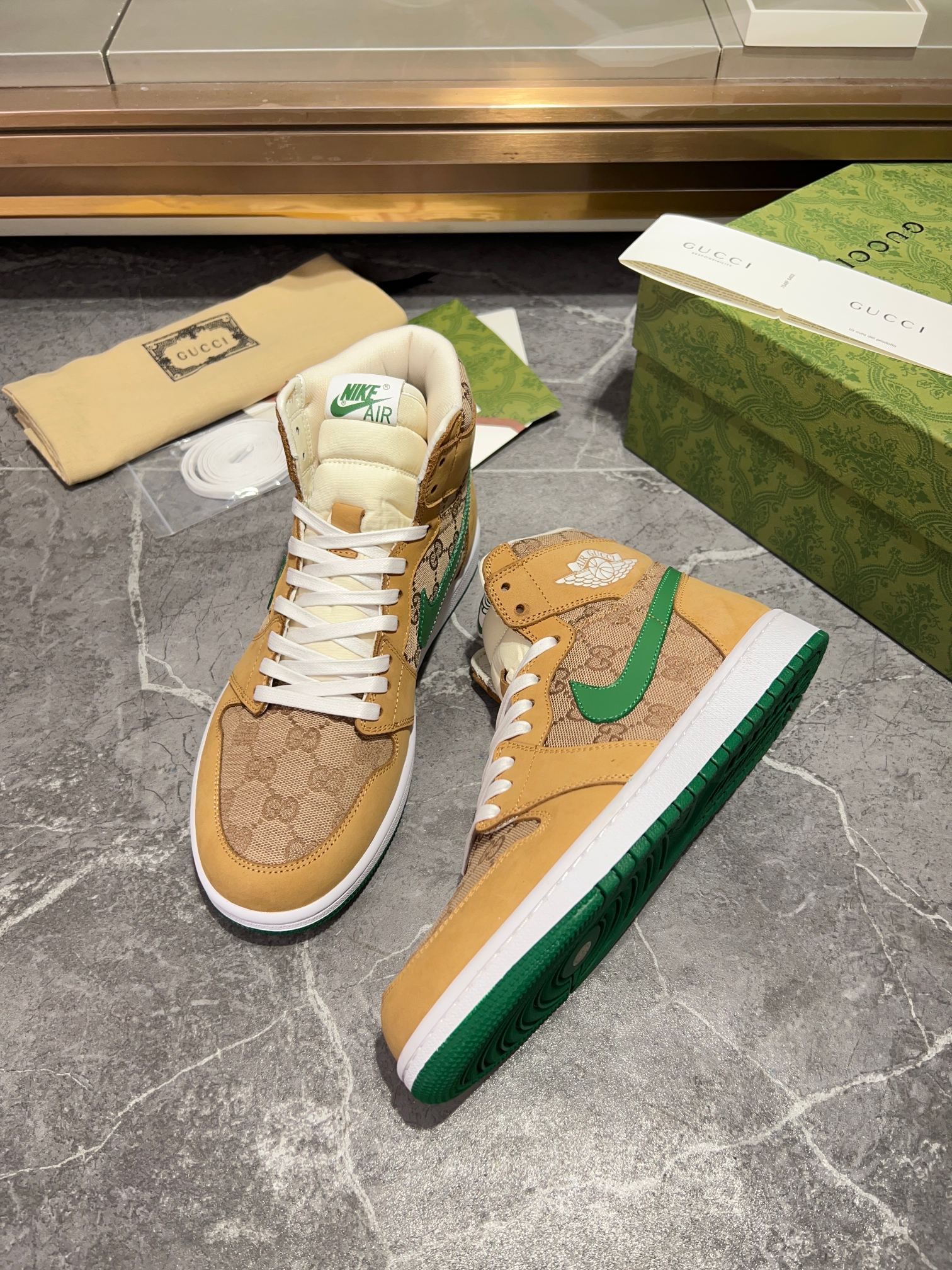 Gucci x Nike Air High-Top - Tan GG Canvas Green Swoosh Sneakers