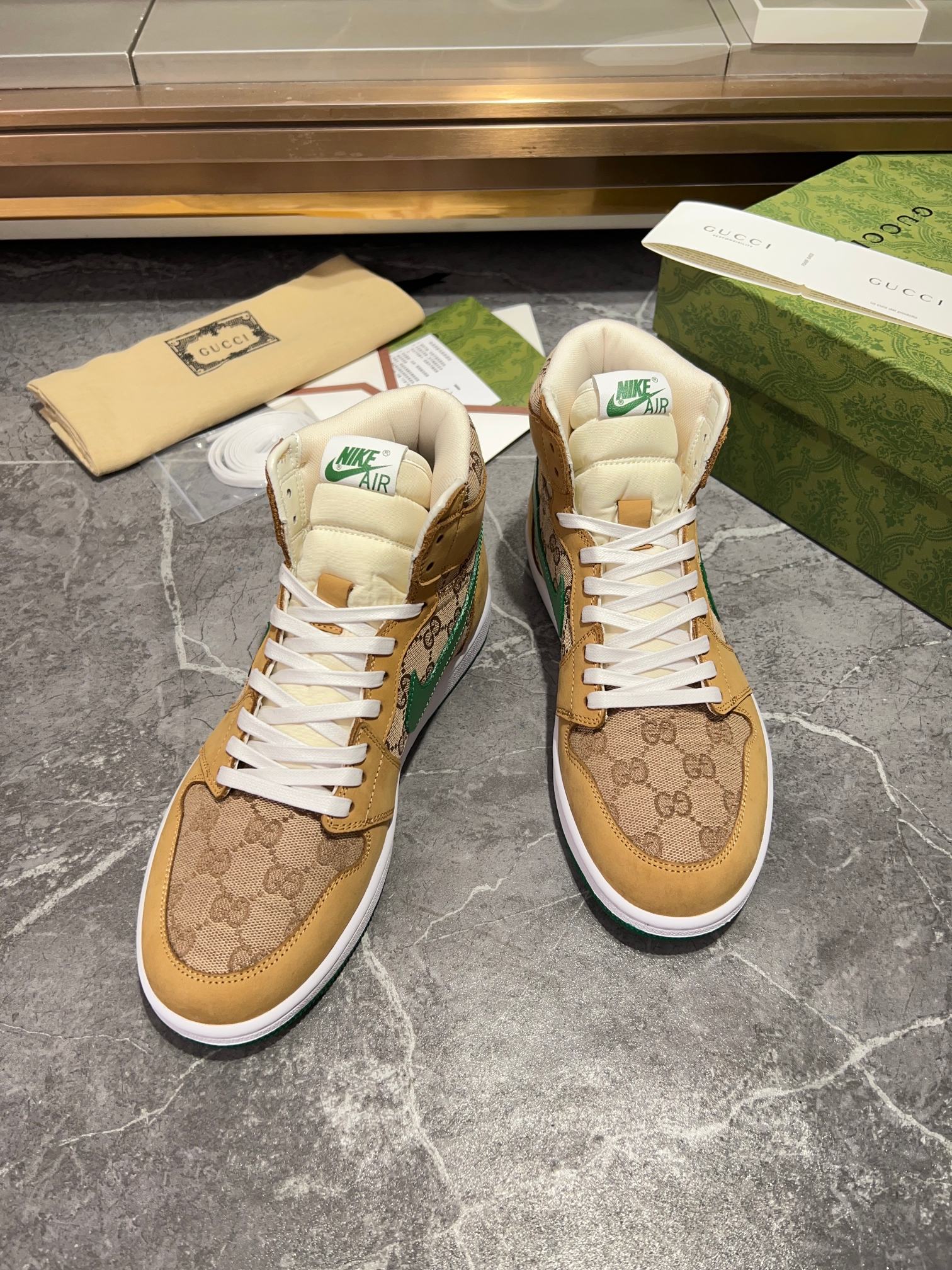 Gucci x Nike Air High-Top - Tan GG Canvas Green Swoosh Sneakers