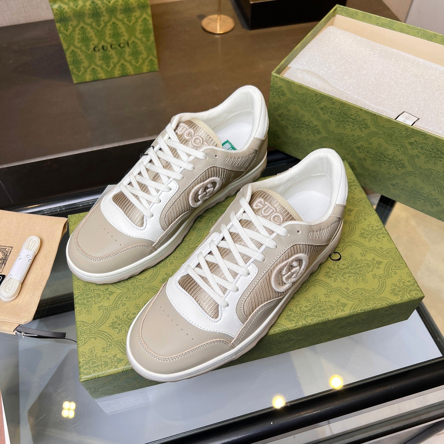 Gucci GG Interlocking Sneakers - Beige White Mesh Low-Top