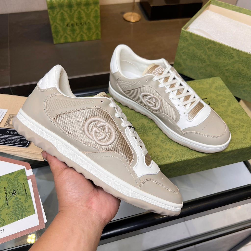 Gucci GG Interlocking Sneakers - Beige White Mesh Low-Top