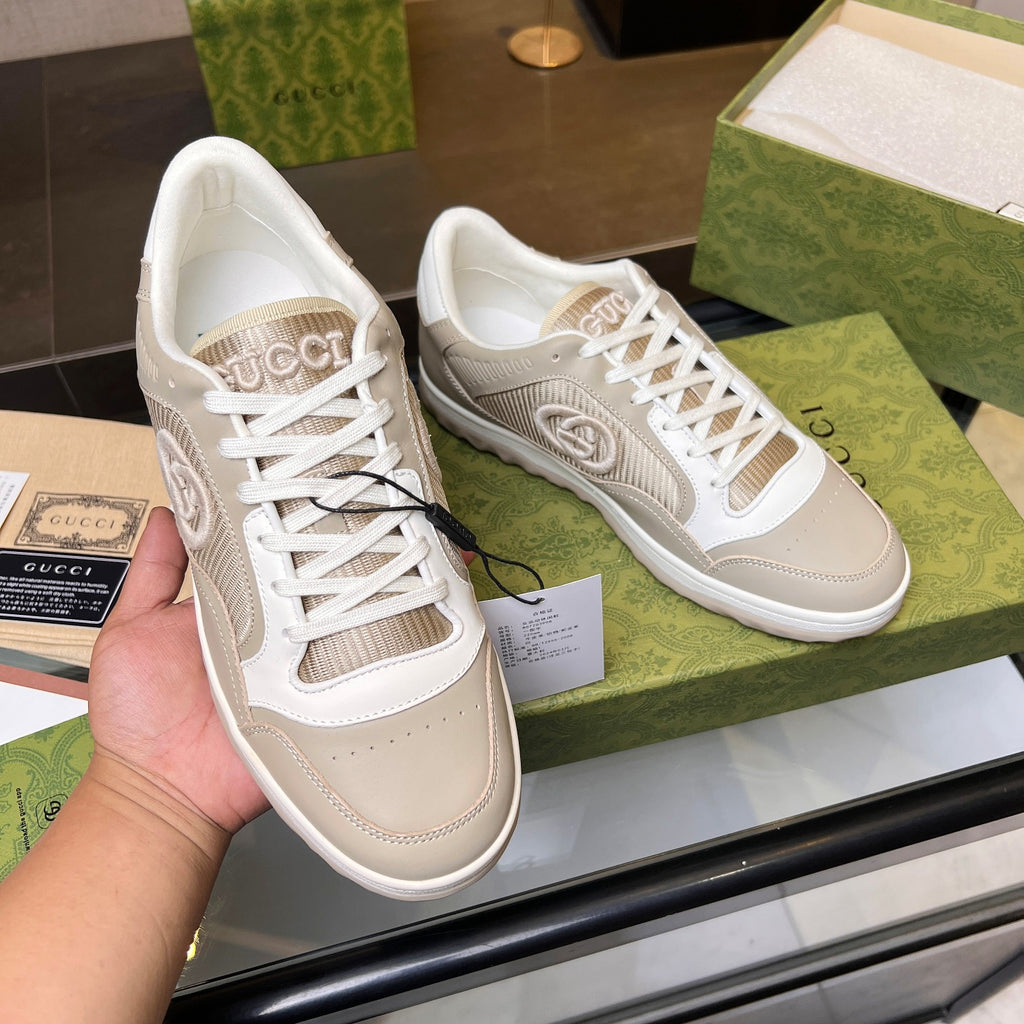 Gucci GG Interlocking Sneakers - Beige White Mesh Low-Top