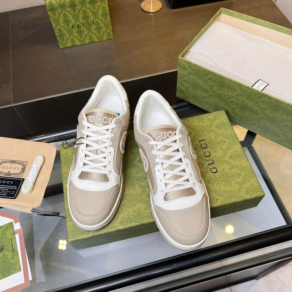 Gucci GG Interlocking Sneakers - Beige White Mesh Low-Top