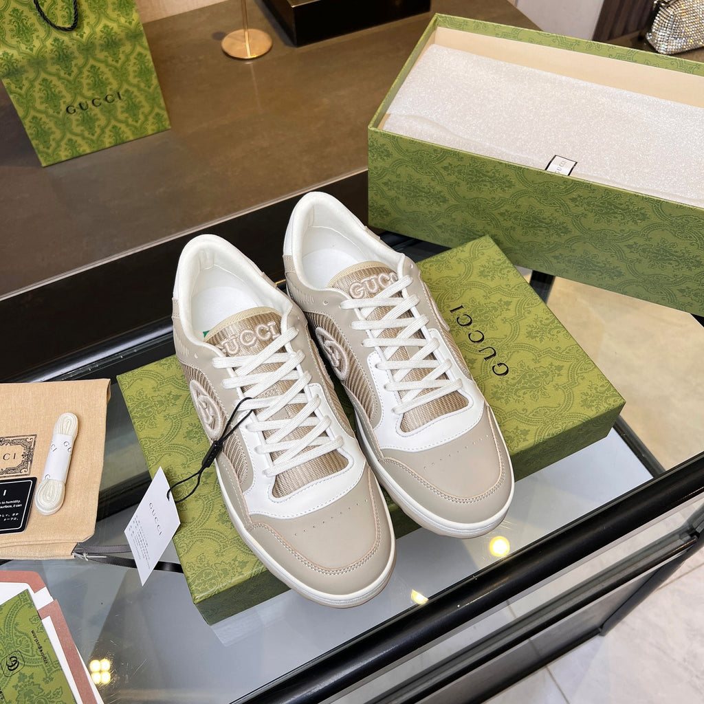Gucci GG Interlocking Sneakers - Beige White Mesh Low-Top