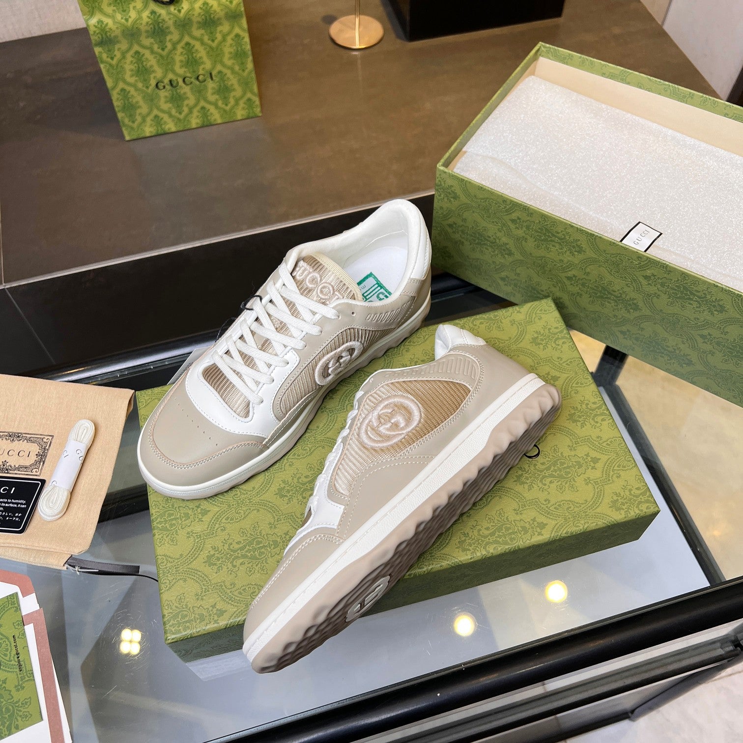 Gucci GG Interlocking Sneakers - Beige White Mesh Low-Top