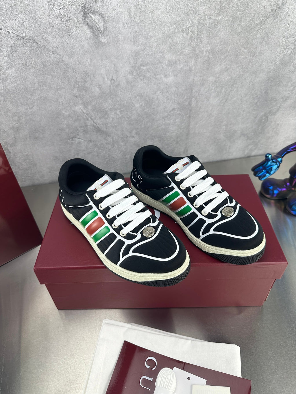 Gucci Screener Sneakers - Black Leather Red Green Web Stripe Low-Top