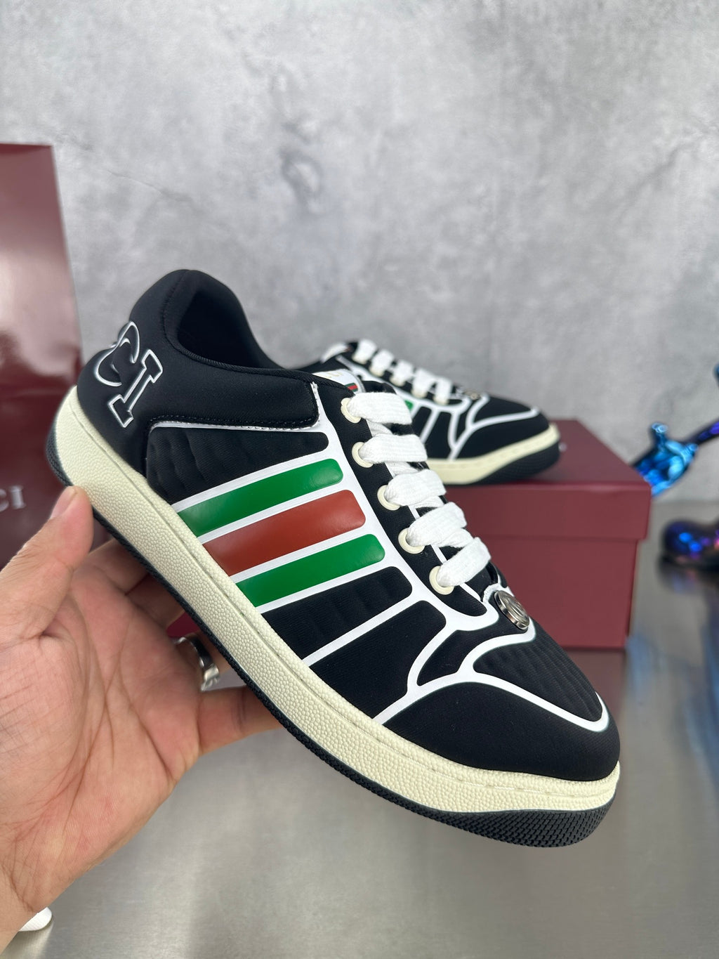 Gucci Screener Sneakers - Black Leather Red Green Web Stripe Low-Top