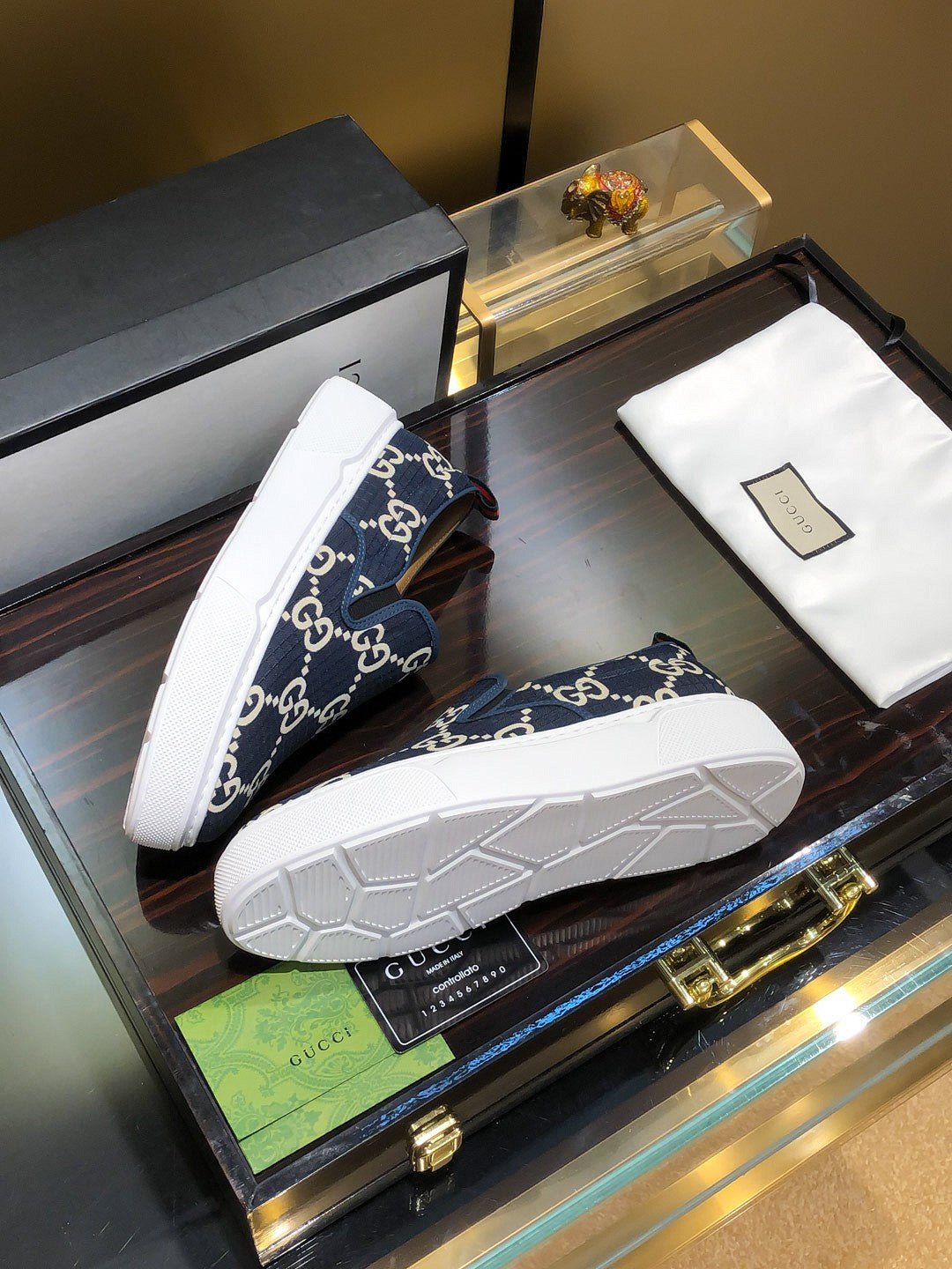 Gucci Dublin Slip-On - Navy GG Canvas White Sole Sneakers