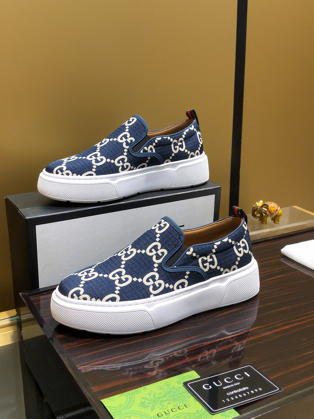 Gucci Dublin Slip-On - Navy GG Canvas White Sole Sneakers