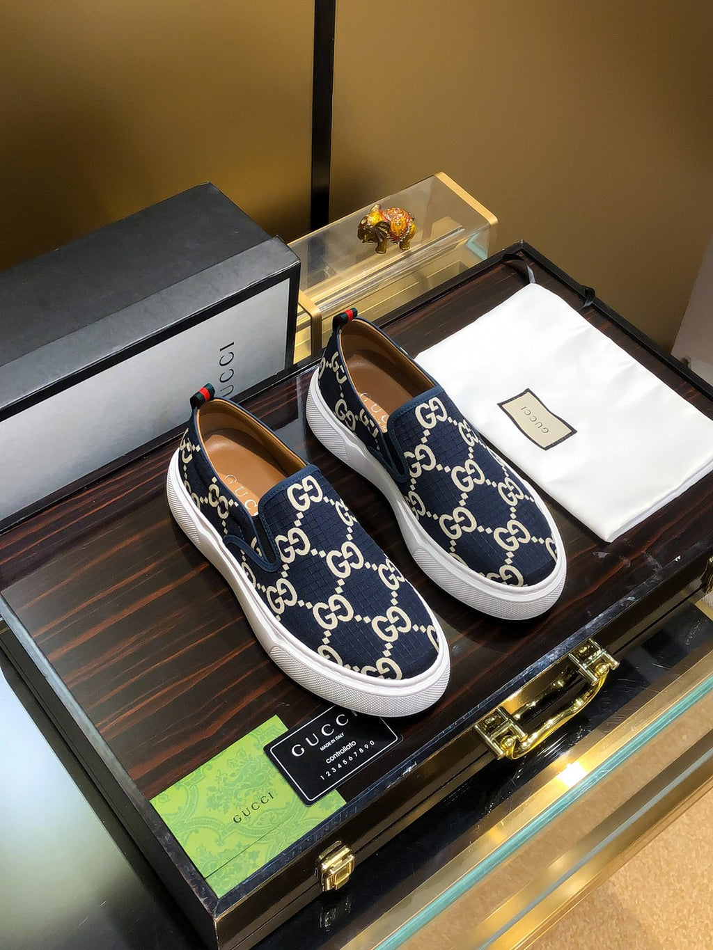 Gucci Dublin Slip-On - Navy GG Canvas White Sole Sneakers