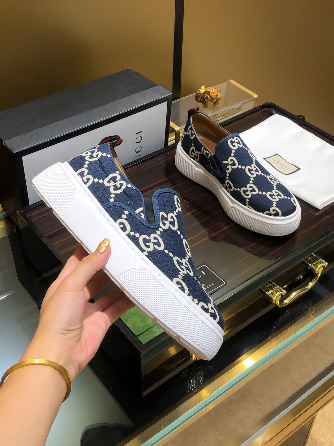 Gucci Dublin Slip-On - Navy GG Canvas White Sole Sneakers