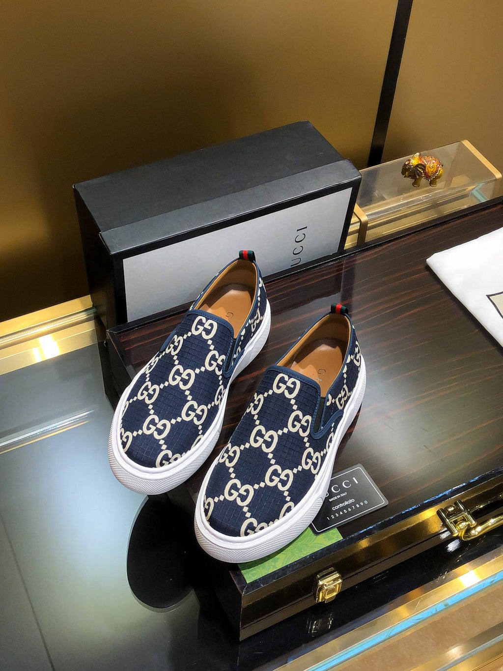 Gucci Dublin Slip-On - Navy GG Canvas White Sole Sneakers