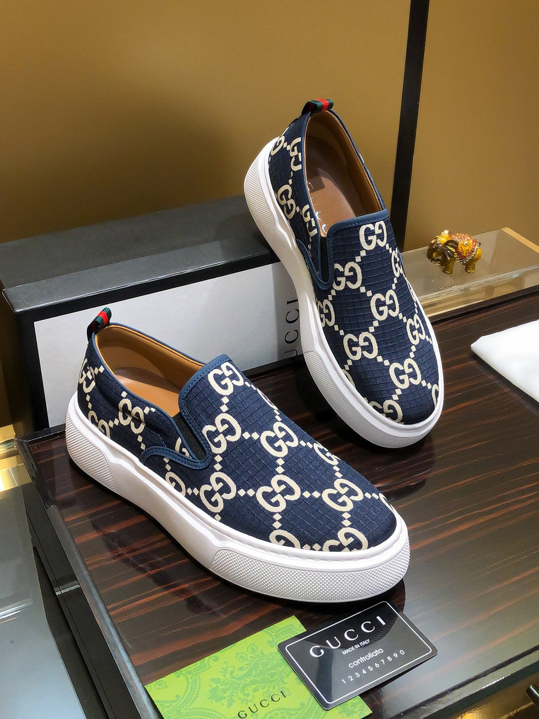Gucci Dublin Slip-On - Navy GG Canvas White Sole Sneakers