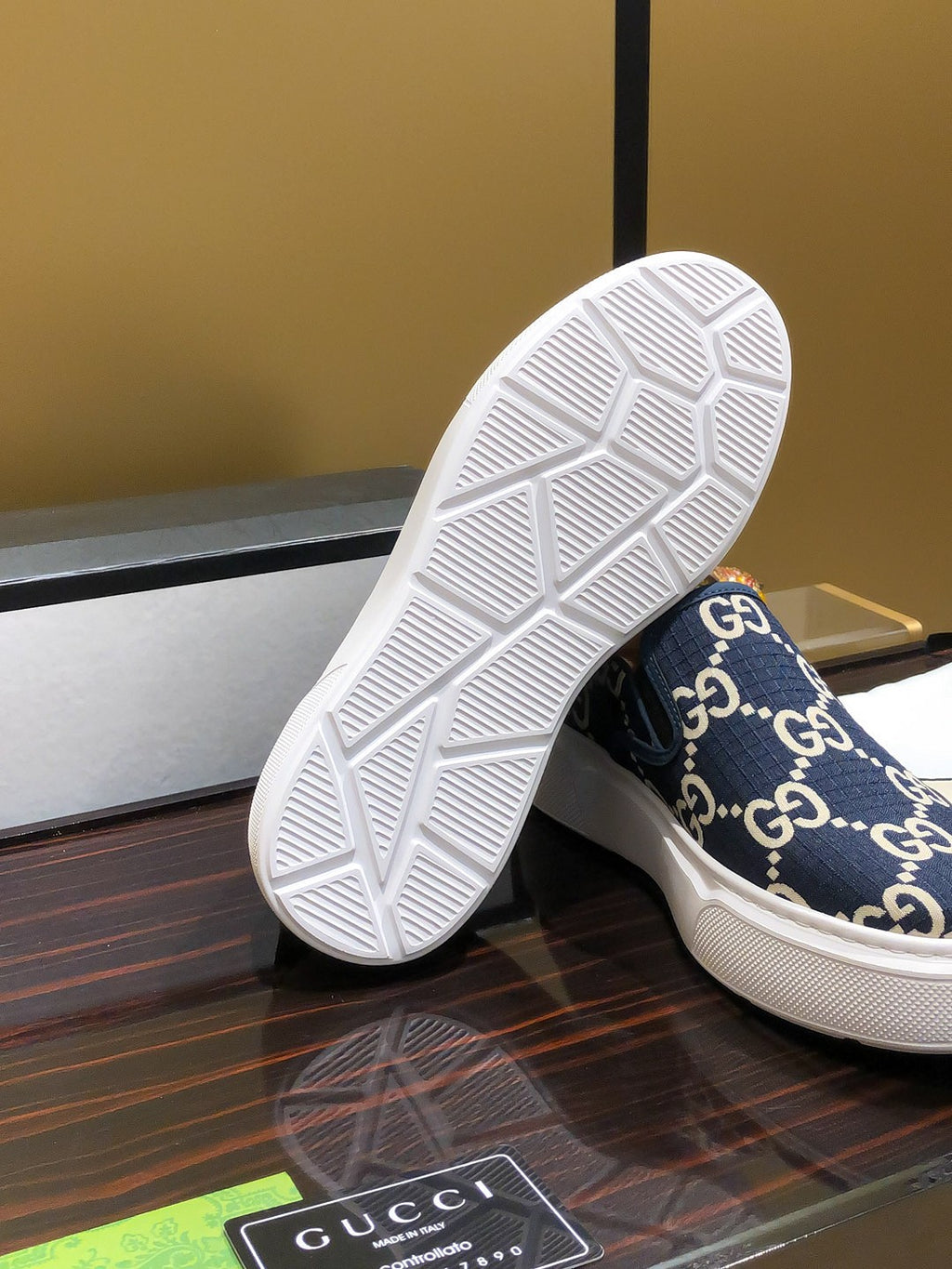 Gucci Dublin Slip-On - Navy GG Canvas White Sole Sneakers