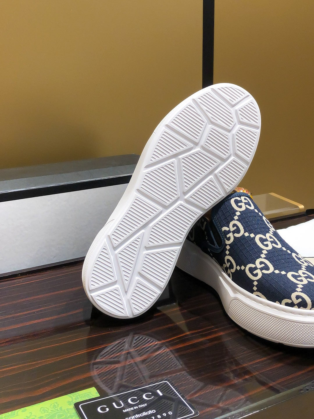 Gucci Dublin Slip-On - Navy GG Canvas White Sole Sneakers