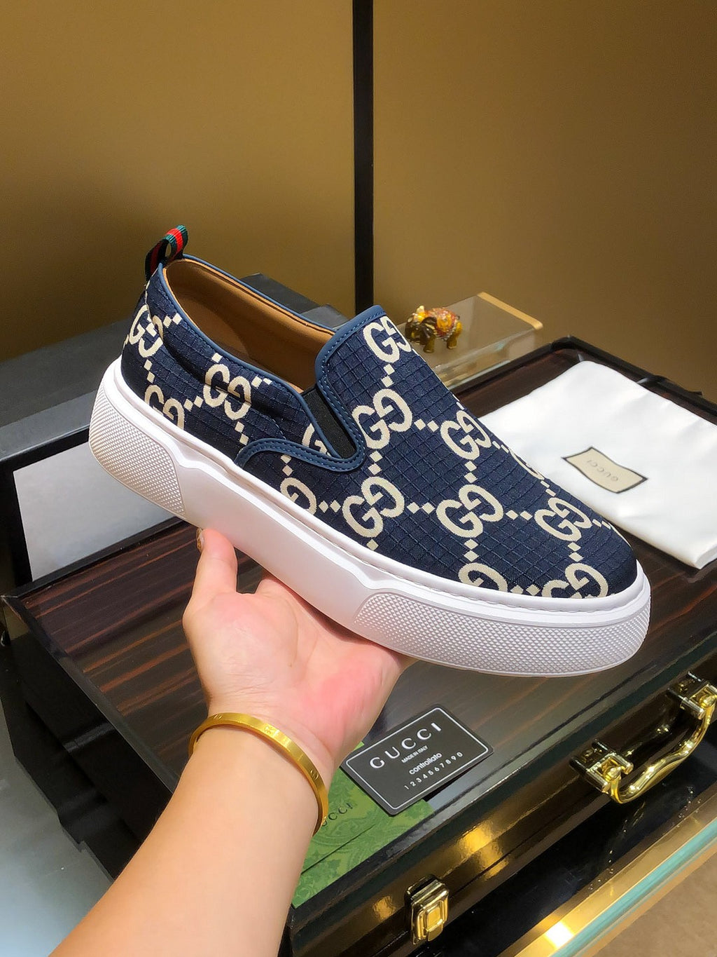 Gucci Dublin Slip-On - Navy GG Canvas White Sole Sneakers