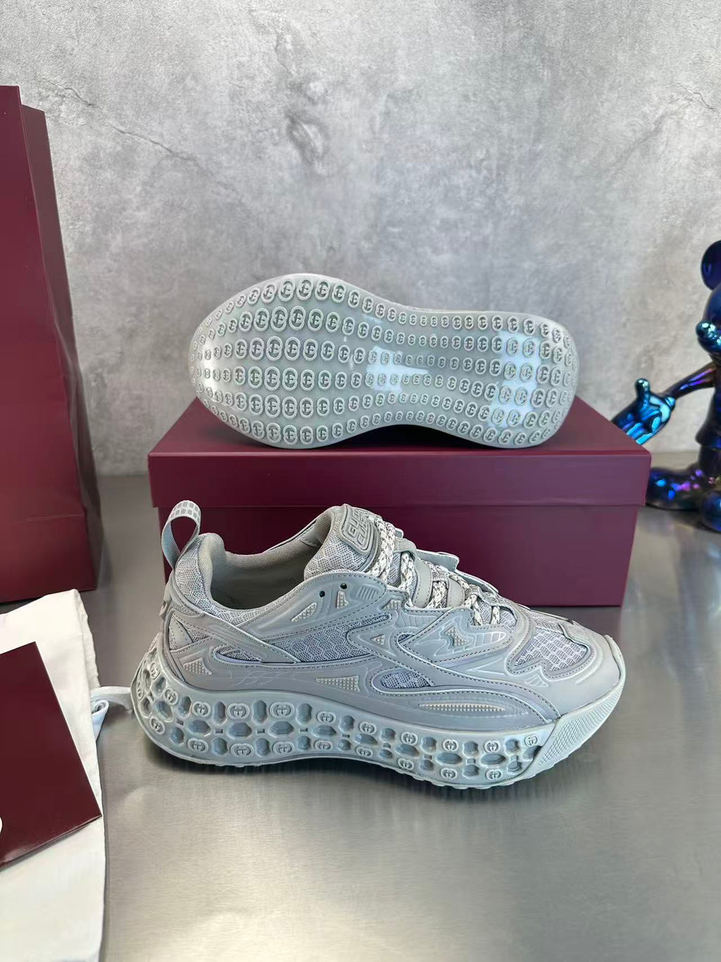 Gucci Ultrapace Sneakers - Grey Mesh GG Logo Sole Chunky Sneakers