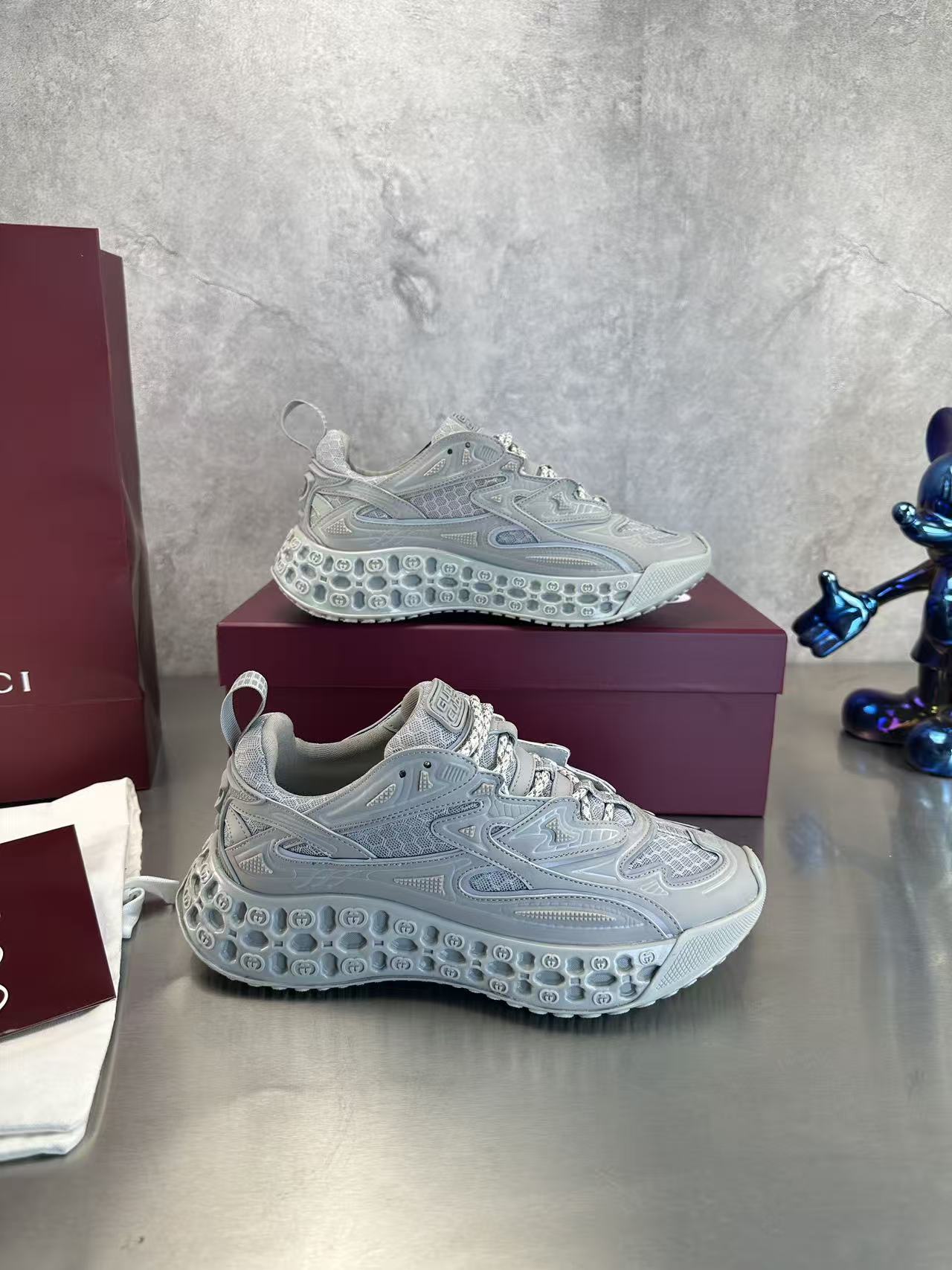 Gucci Ultrapace Sneakers - Grey Mesh GG Logo Sole Chunky Sneakers