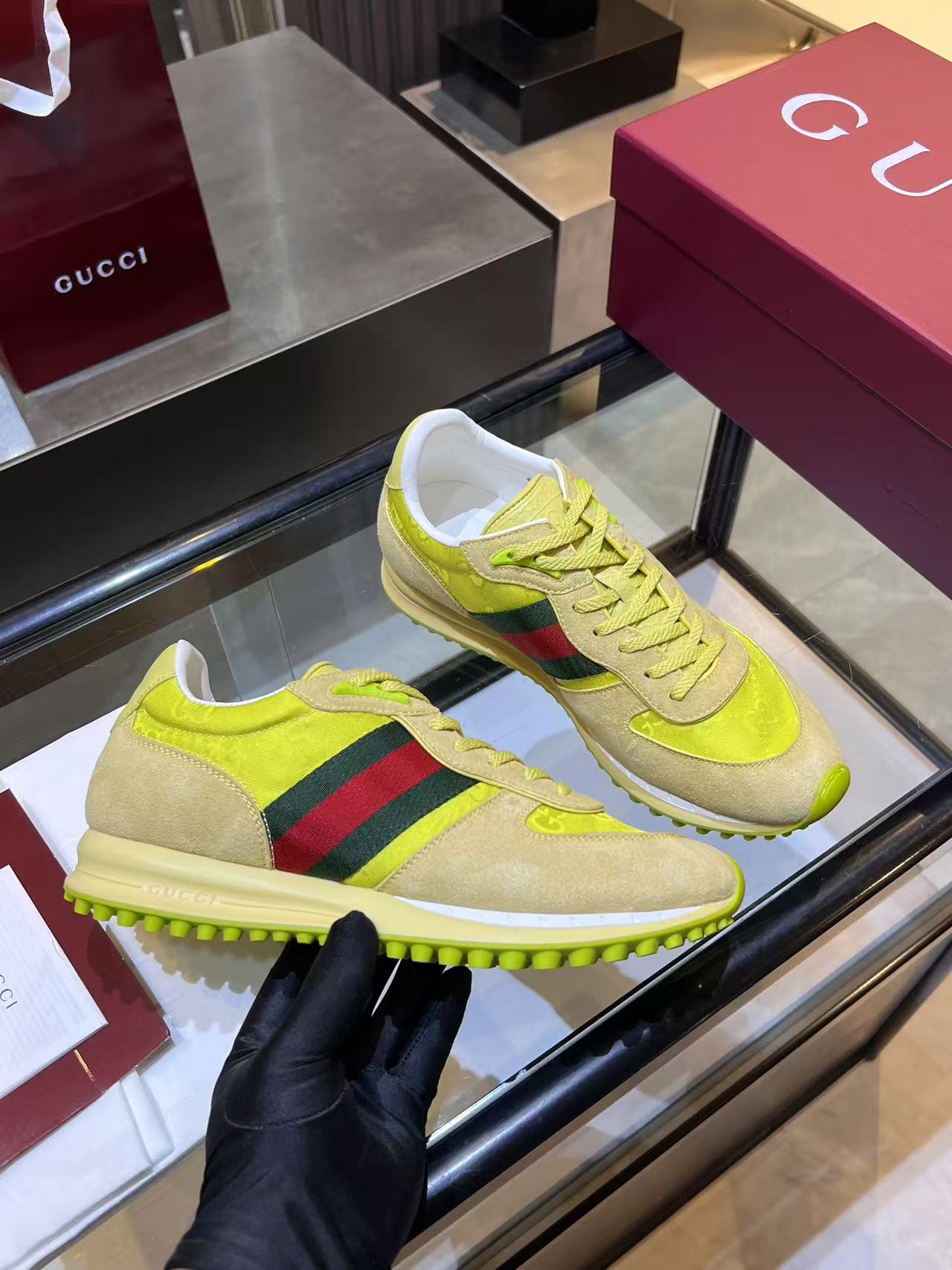 Gucci Neon Yellow Web Stripe Sneakers - Beige Red Green Low-Top