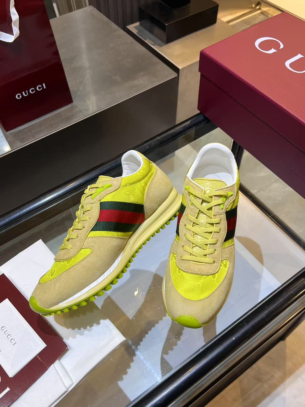 Gucci Neon Yellow Web Stripe Sneakers - Beige Red Green Low-Top