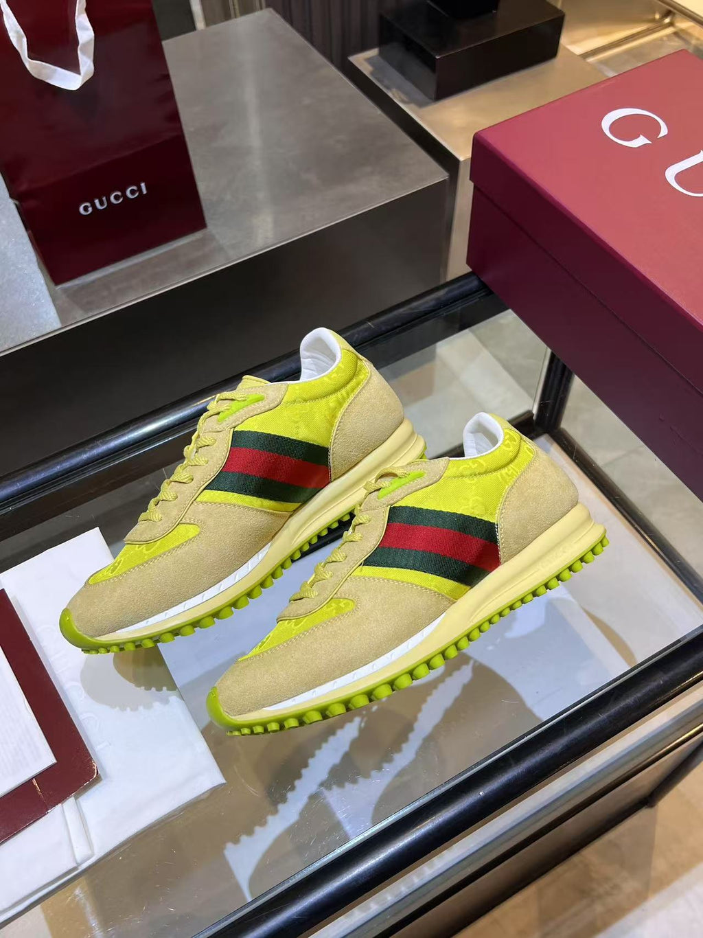 Gucci Neon Yellow Web Stripe Sneakers - Beige Red Green Low-Top