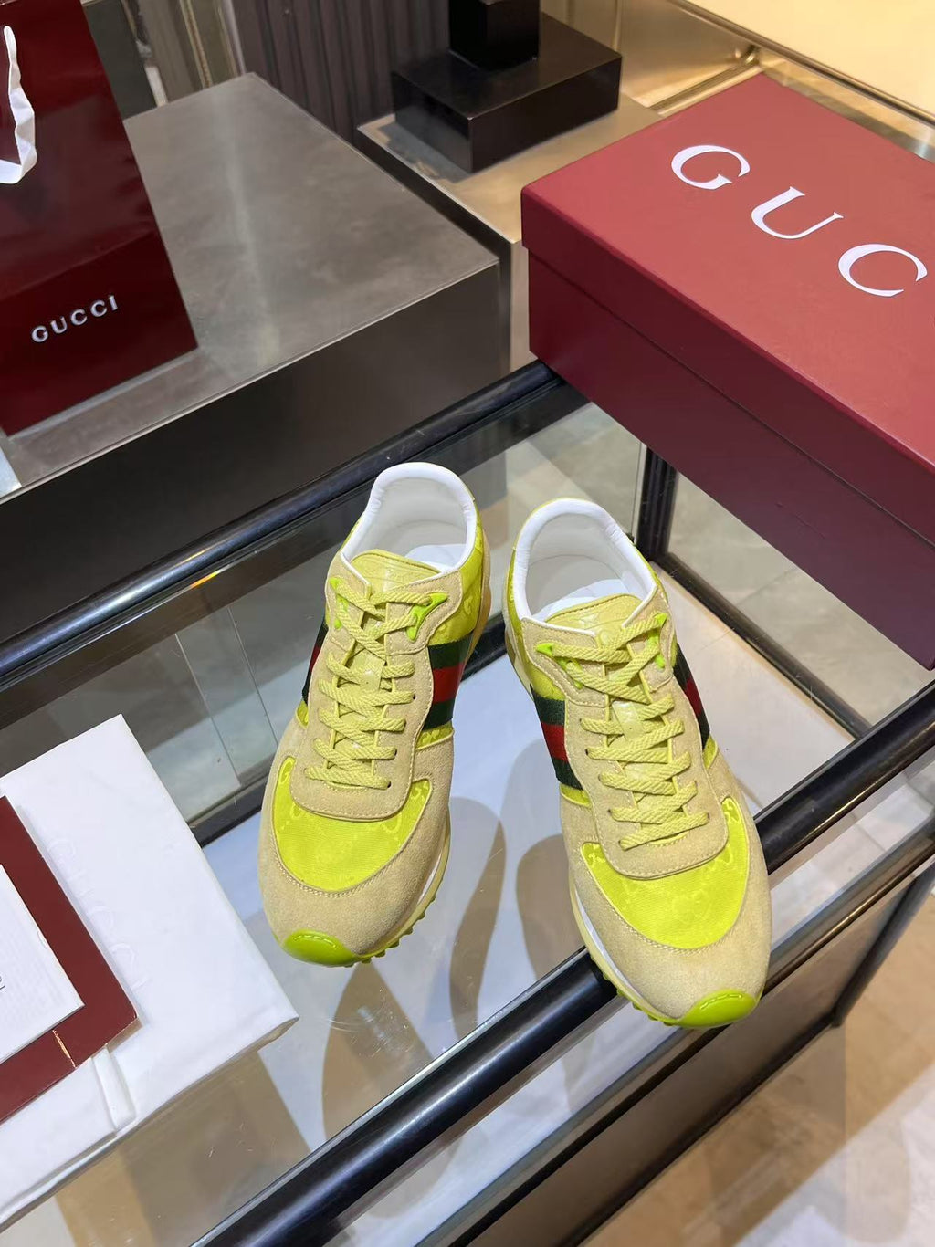 Gucci Neon Yellow Web Stripe Sneakers - Beige Red Green Low-Top