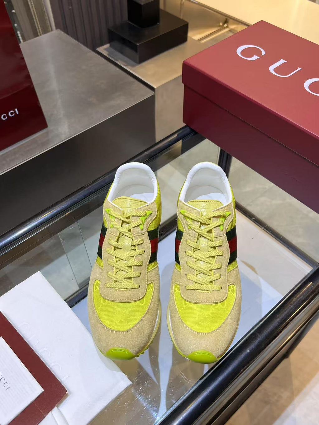 Gucci Neon Yellow Web Stripe Sneakers - Beige Red Green Low-Top