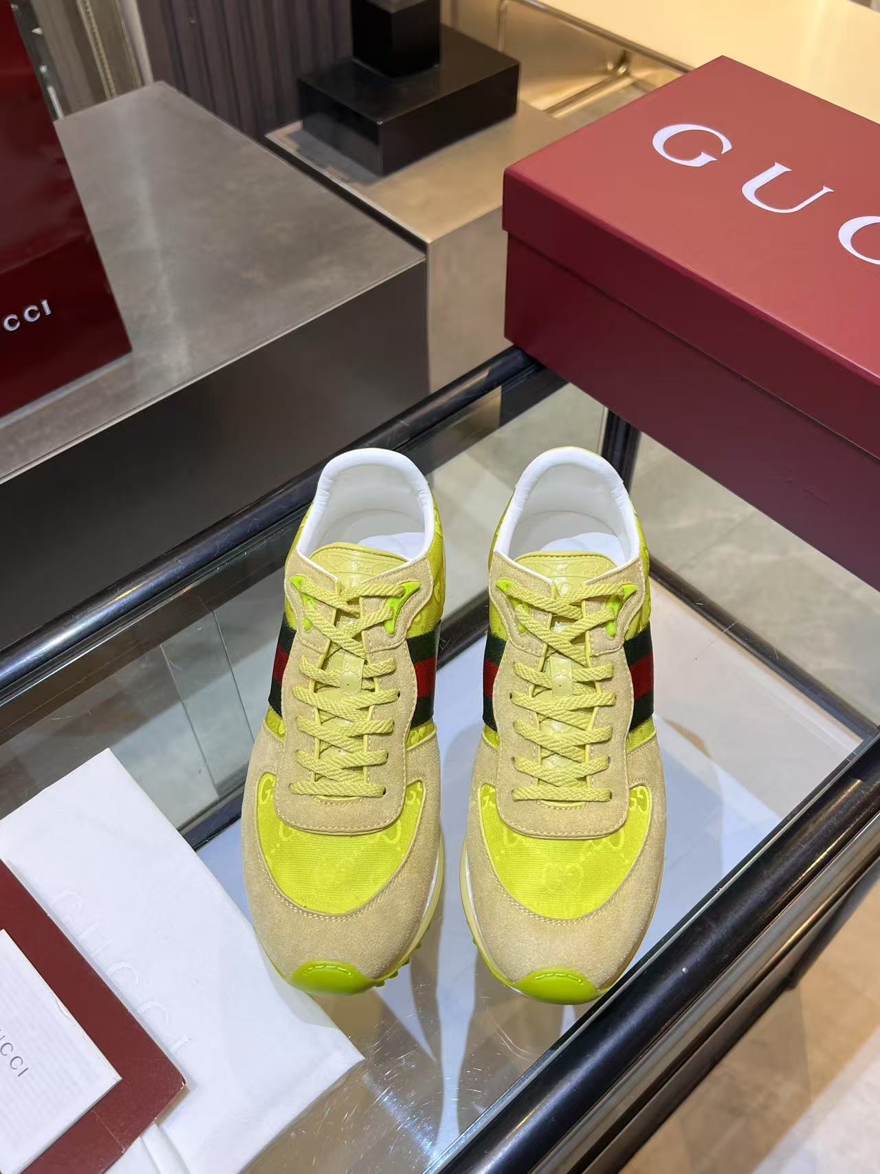 Gucci Neon Yellow Web Stripe Sneakers - Beige Red Green Low-Top