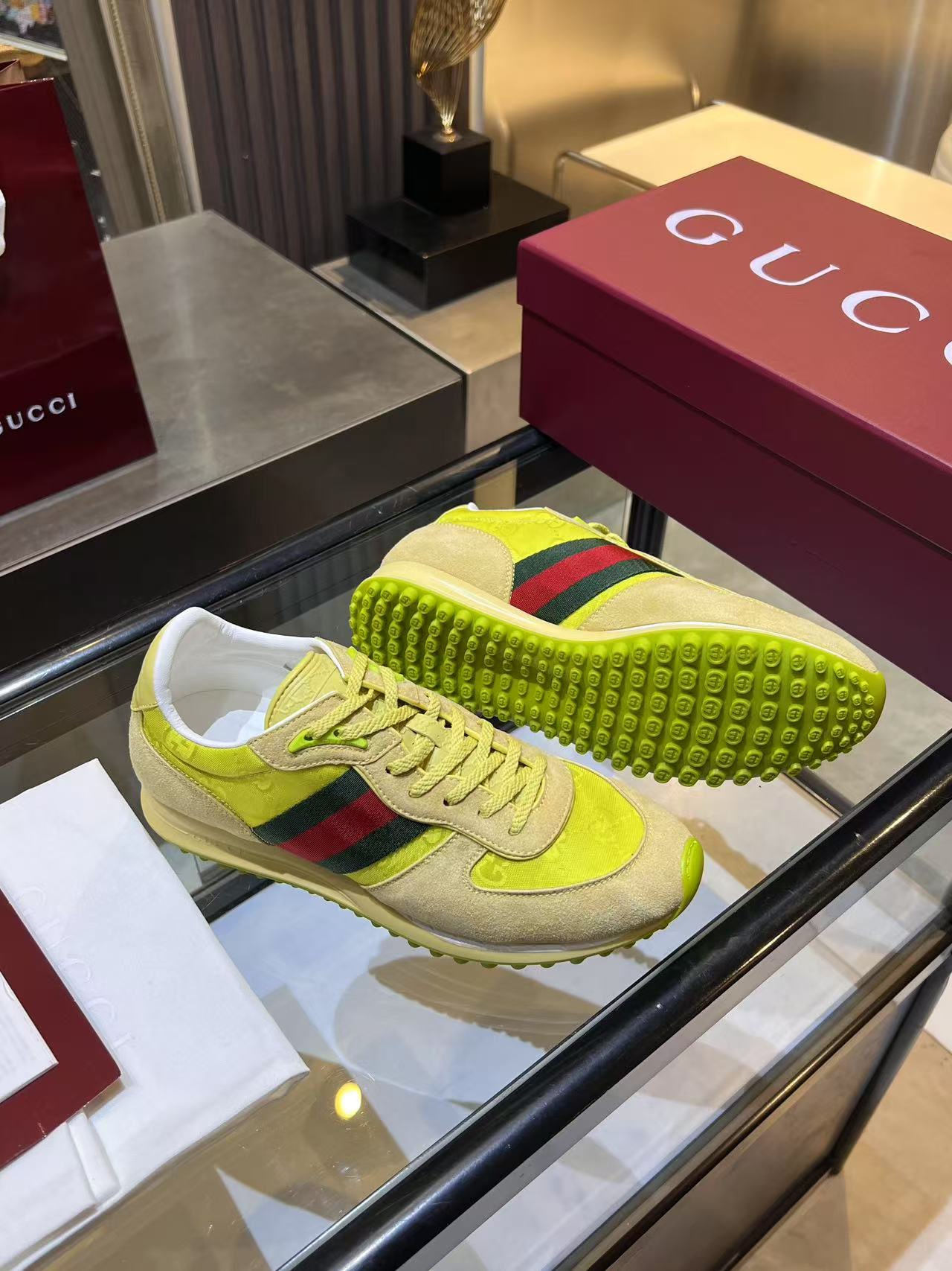 Gucci Neon Yellow Web Stripe Sneakers - Beige Red Green Low-Top