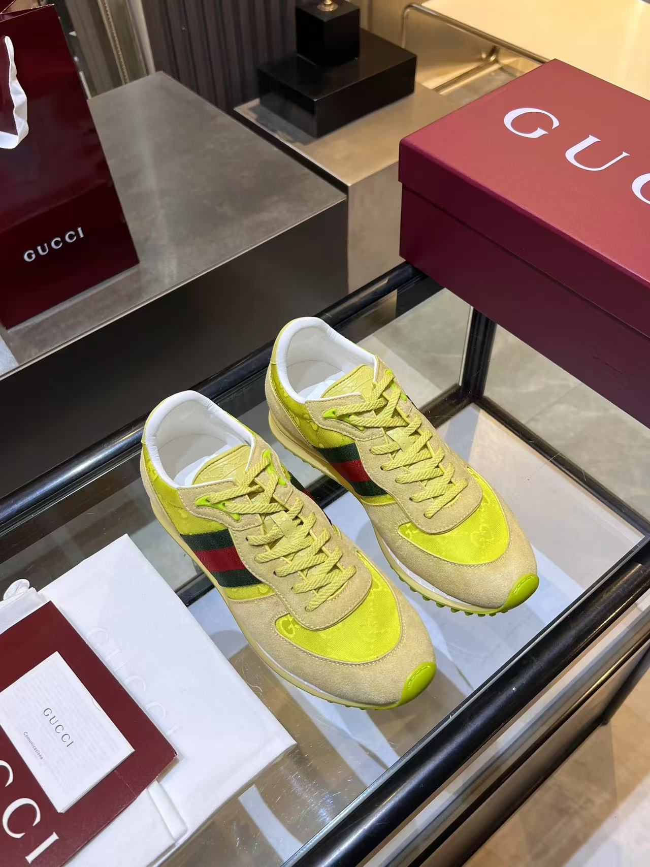 Gucci Neon Yellow Web Stripe Sneakers - Beige Red Green Low-Top