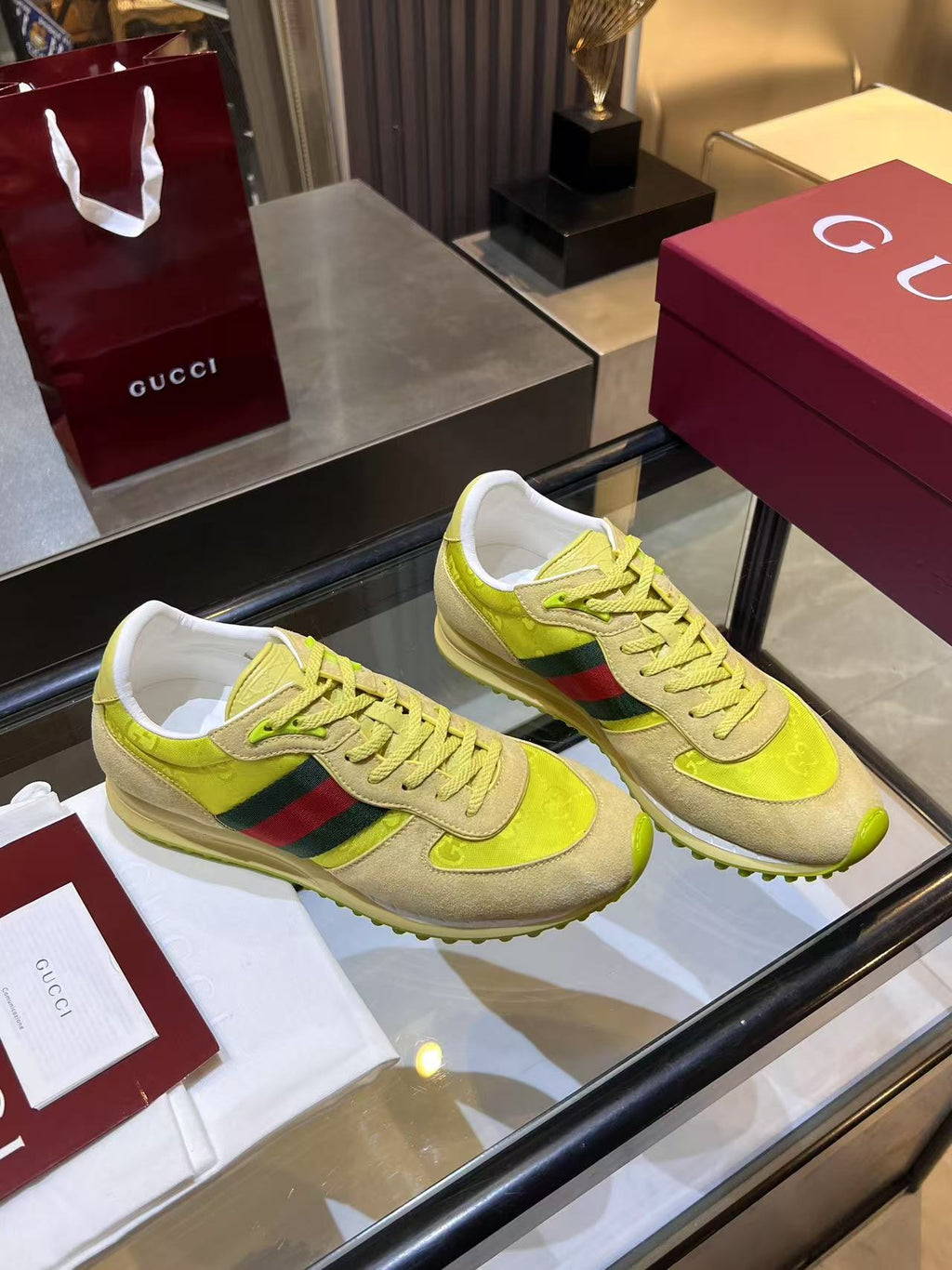Gucci Neon Yellow Web Stripe Sneakers - Beige Red Green Low-Top