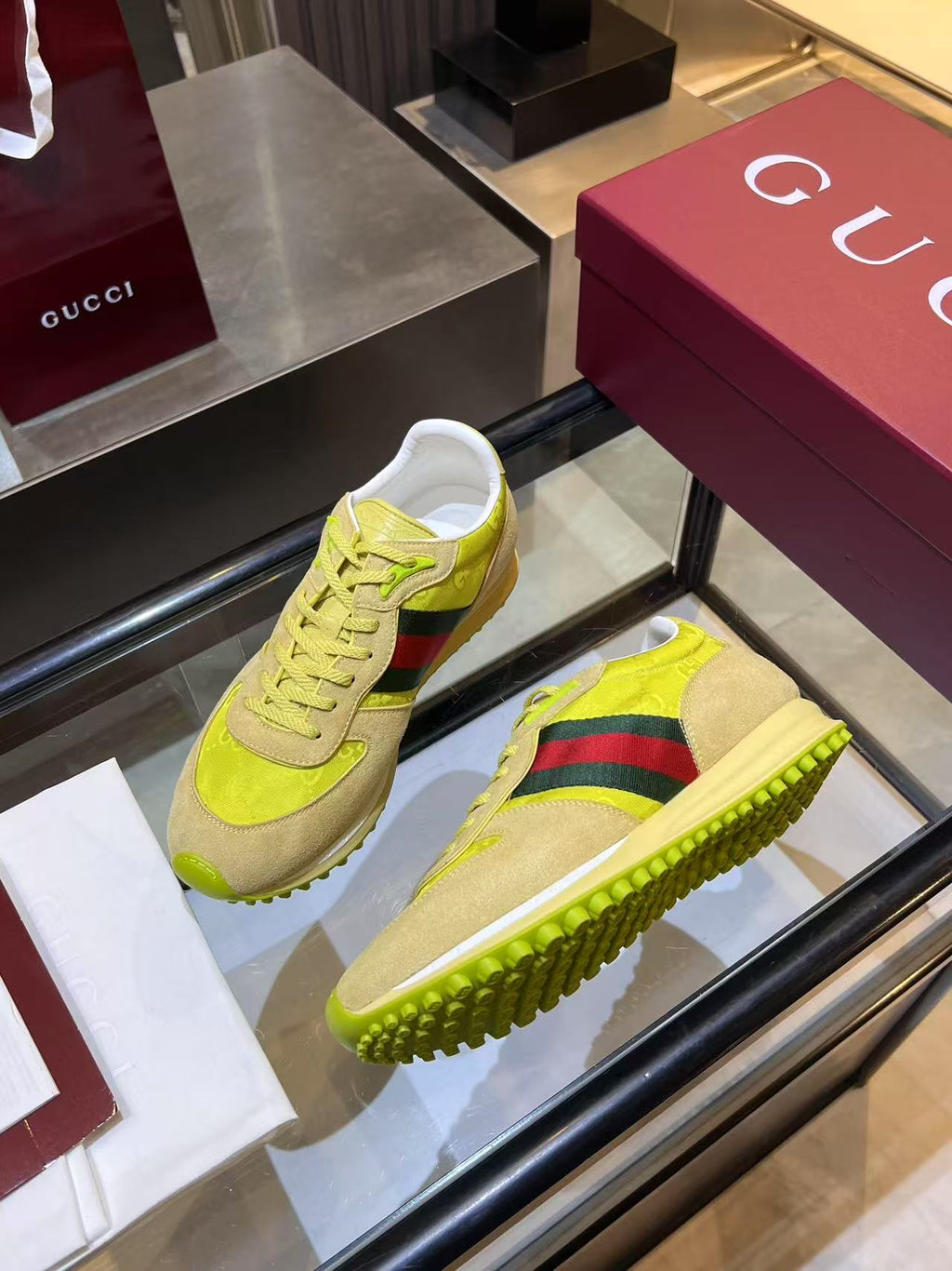 Gucci Neon Yellow Web Stripe Sneakers - Beige Red Green Low-Top