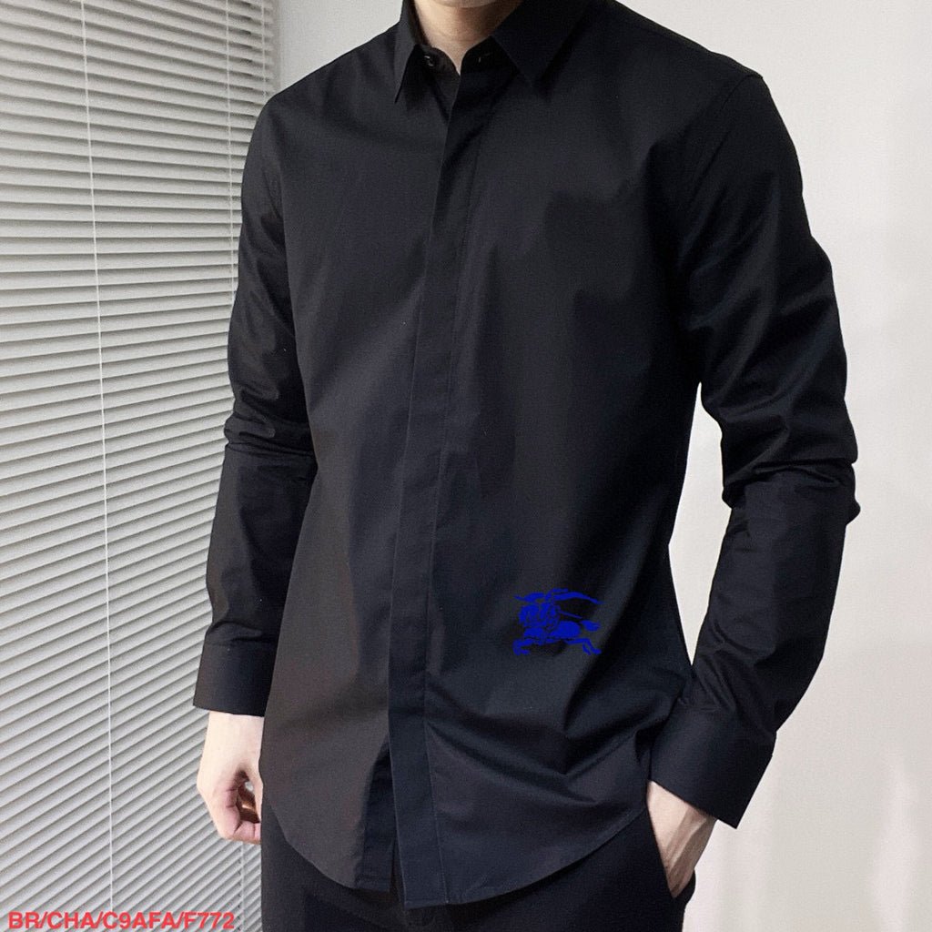 Burberry 2026 SS Equestrian Knight Embroidered Long-Sleeve Shirt — Black